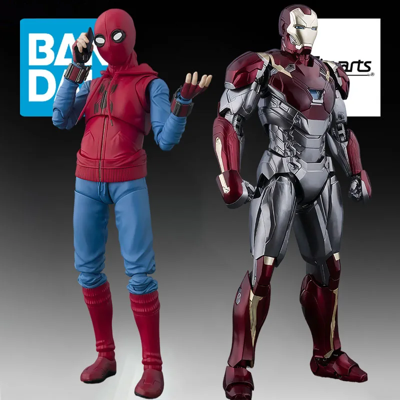 BANDAI Original S.H.Figuarts Spider Man Homemade Suit Edition 145mm &Iron Man MK47 155mm Anime Action Figures Toys For Boys