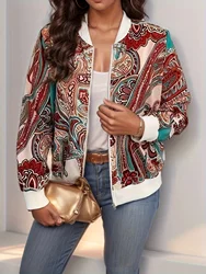 Plus Size Paisley Pattern Full Zipper Jacket, Boho Kurtka z długim rękawem na jesień i zimę, Odzież damska Plus Size