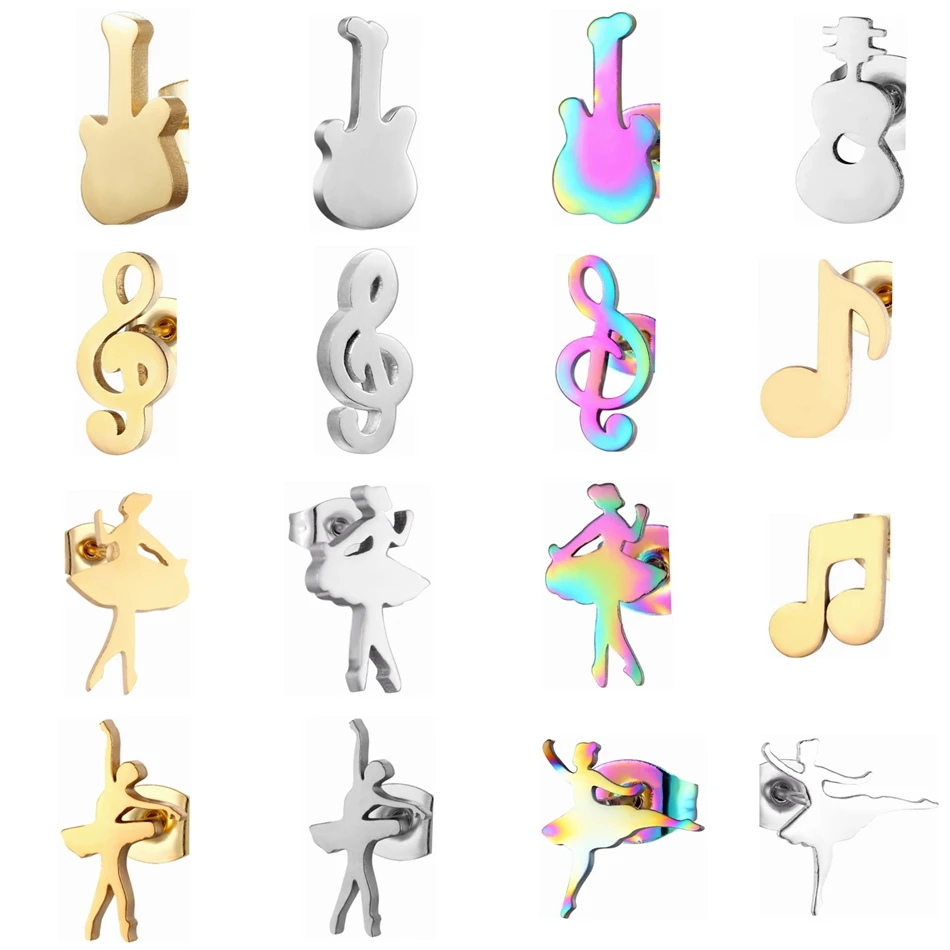 Rock Women Jewelry Wholesale Stainless Steel Stud Earrings Set Dance Girls Guitar Music Note Style Ear Piercing Accessories Gift