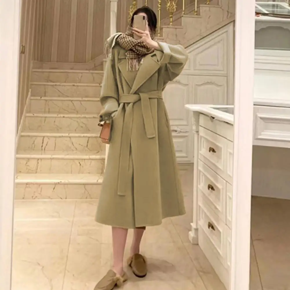 Women Winter Coat Women Wool Coat Stylish Women's Winter Overcoat with Belt Pockets Chic Mid Length Cardigan Coat for Commuting