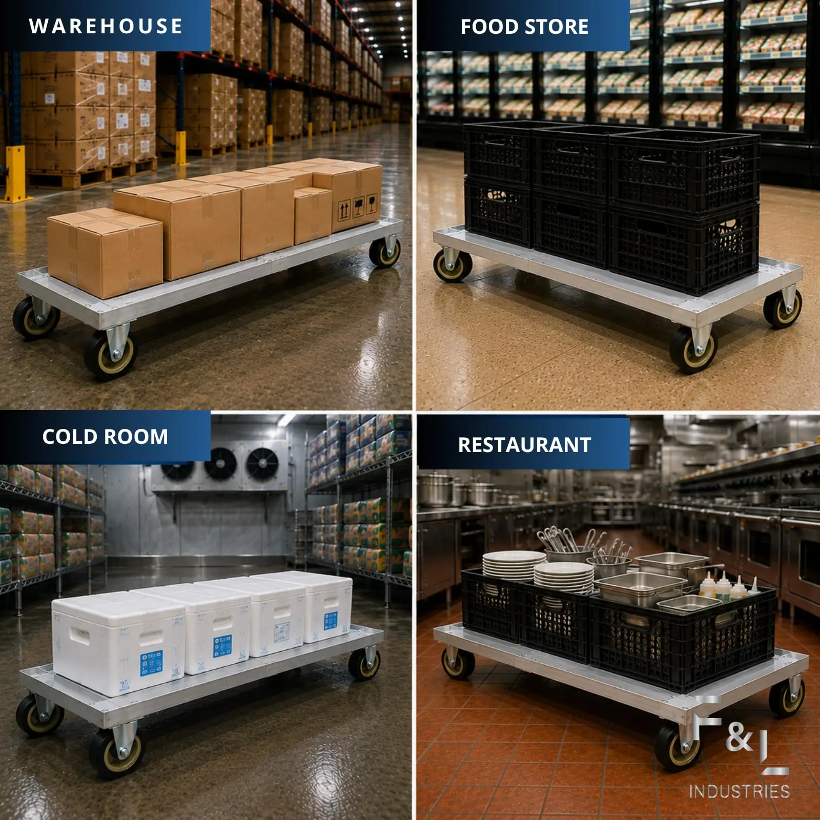 F&L Heavy Duty Aluminum Milk Crate Dolly with Casters, 14" x 28" Commercial Rolling Crate Cart, Heavy Duty Wheeled image 3