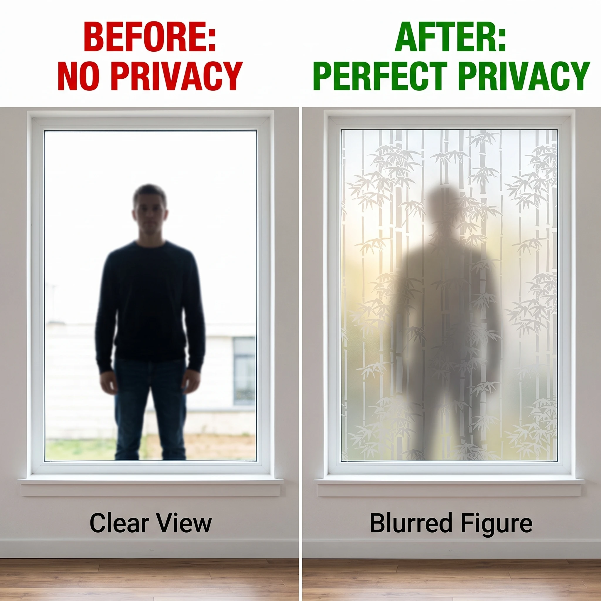 Bamboo Self-Adhesive Window Film Frosted Privacy Glass Sticker 99% UV-Block Waterproof Decor Tint for Bathroom Bedroom