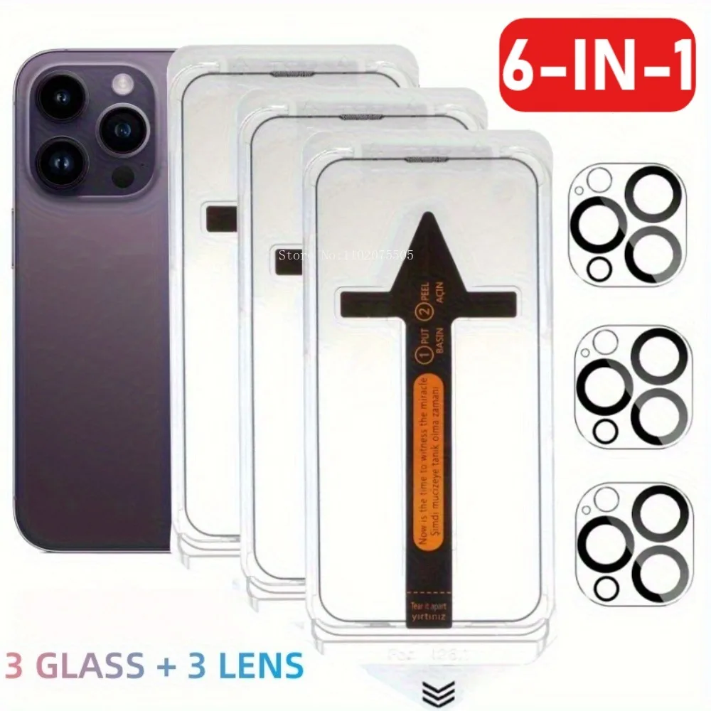 

[6-IN-1]3Pcs HD Tempered Glass+3Pcs Lens Protector for IPhone 16 Promax 14Plus 13 Promax 12Mini 11 15 Promax Simple Installation