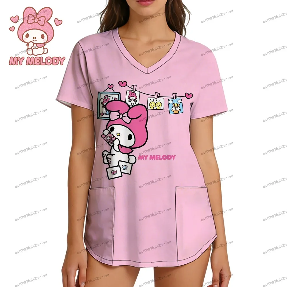 

Top Women Women's Nurse Uniform V Neck T Shirt Sanrio My Melody Leisure 2026 New Cartoon 3D Print Streetwear S-2XL Summer Kawaii