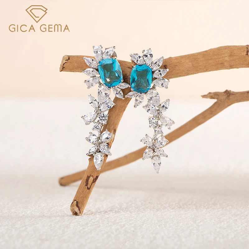 Gica Gema 925 Sterling Silver Earrings Oval Blue Stone Flower Petals Tassel Feminine Temperament Sparkling Wedding Jewelry Gift