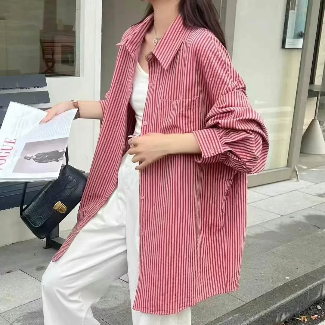 SuperAen Fashion Striped Office Lady Shirt Casual Korean-style Summer Oversize Loose Sun-protective Women's Shirts