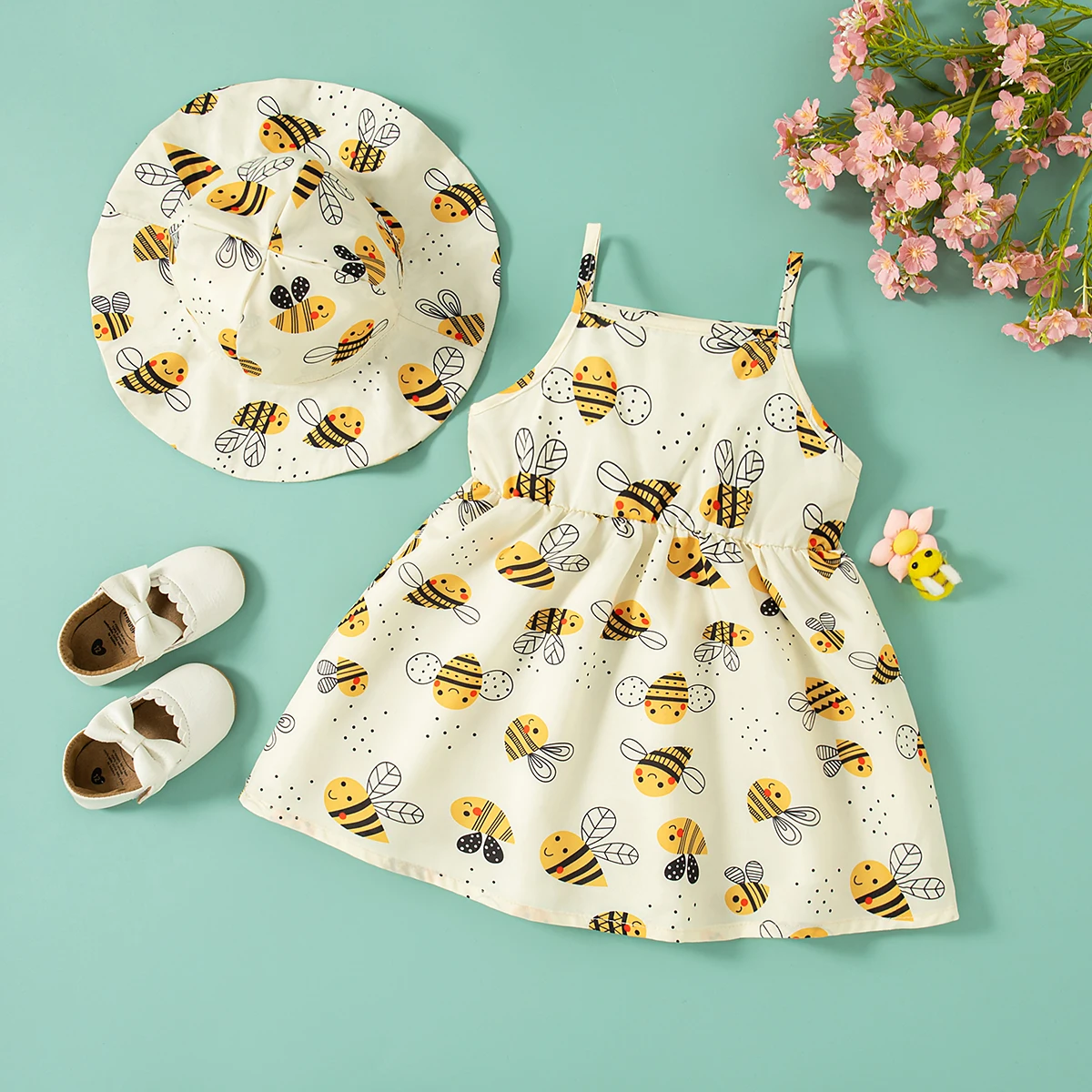 Baby Clothes Girl Summer Bee Pattern Beach Sling Baby Girls Dresses Cute Casual Girl Kid's Dress With Hat