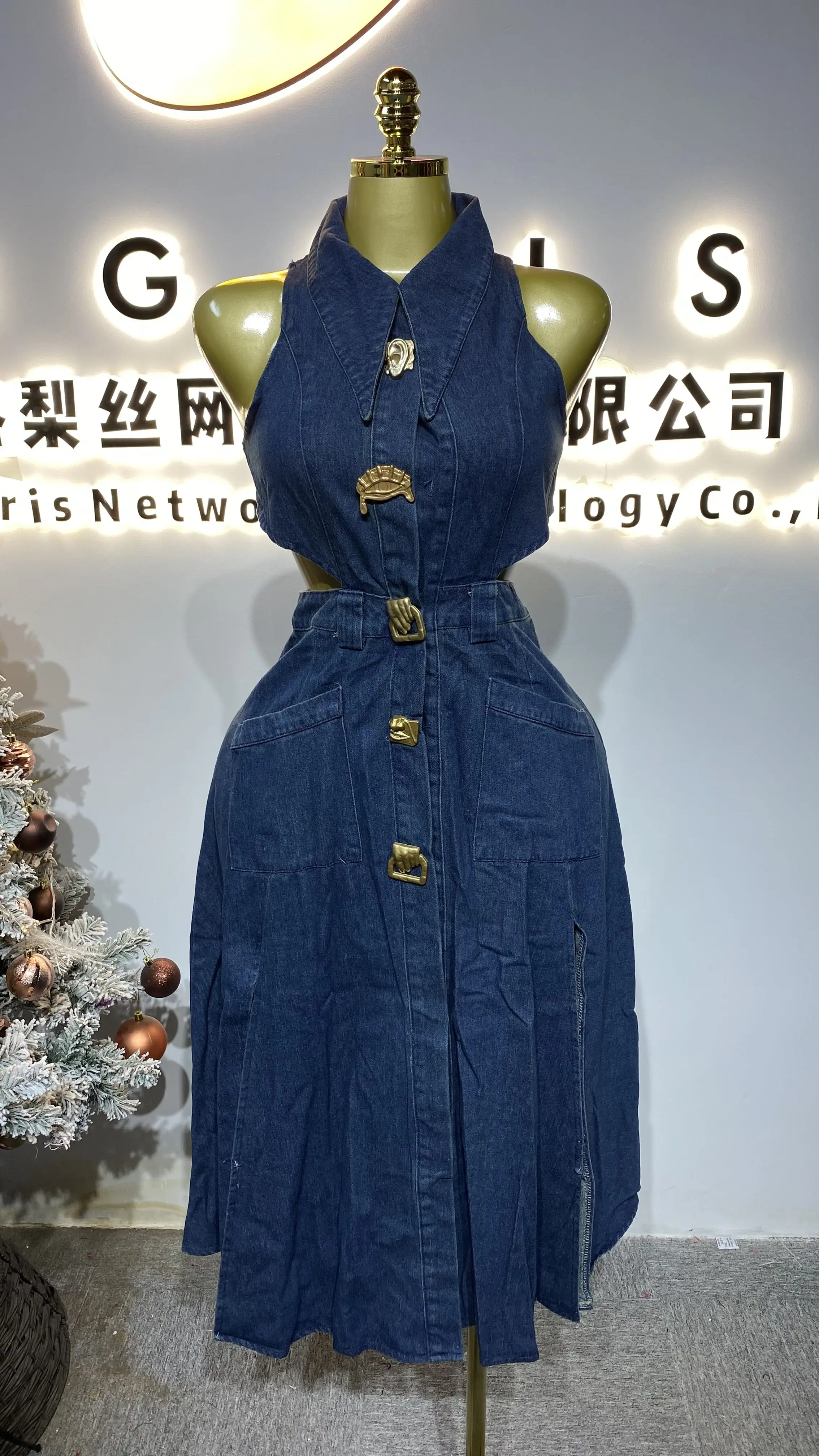 

Single-breasted retro washed dark blue denim dress, women's summer maxi dress-GZXX228