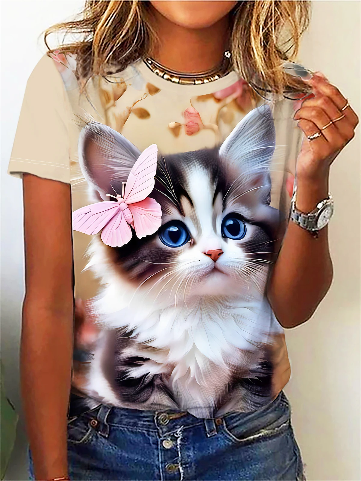 cat Print T-shirt, Casual Crew Neck Short Sleeve Top For Spring & Summer, Women\'s Clothing