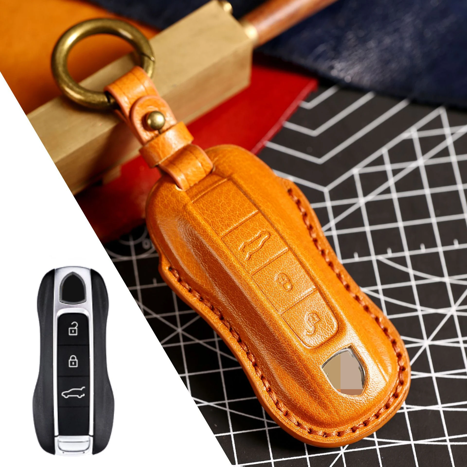 Genuine Leather Car Remote Key Fob Case Key cover for Porsche Panamera 2017-2022 Cayenne 2018 2019 2020 2022