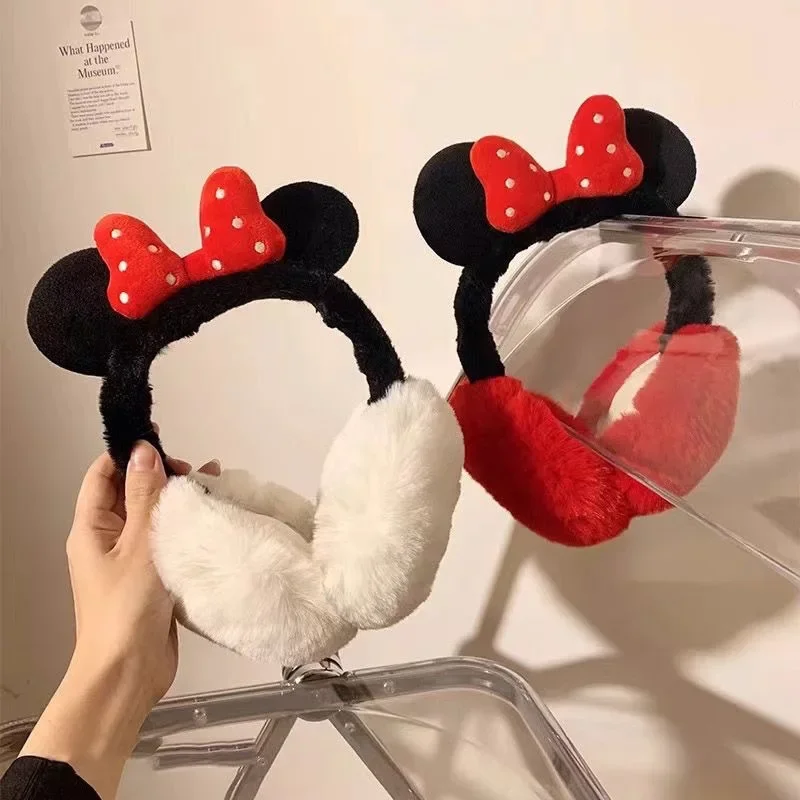 Disney Mickey Minnie Bow Warm Earmuffs Creative Animation Cartoon Cute Foldable Plush Ear Bags Kawaii Windproof Ear Protectors