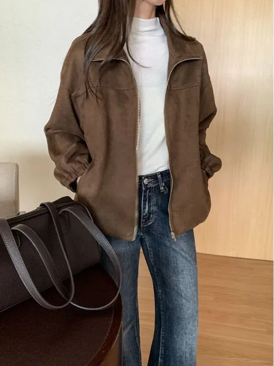 American Retro Suede Jacket Women's Autumn Winter Loose Shape Casual Top Small Size Composite Fabric Ladies Short Coat