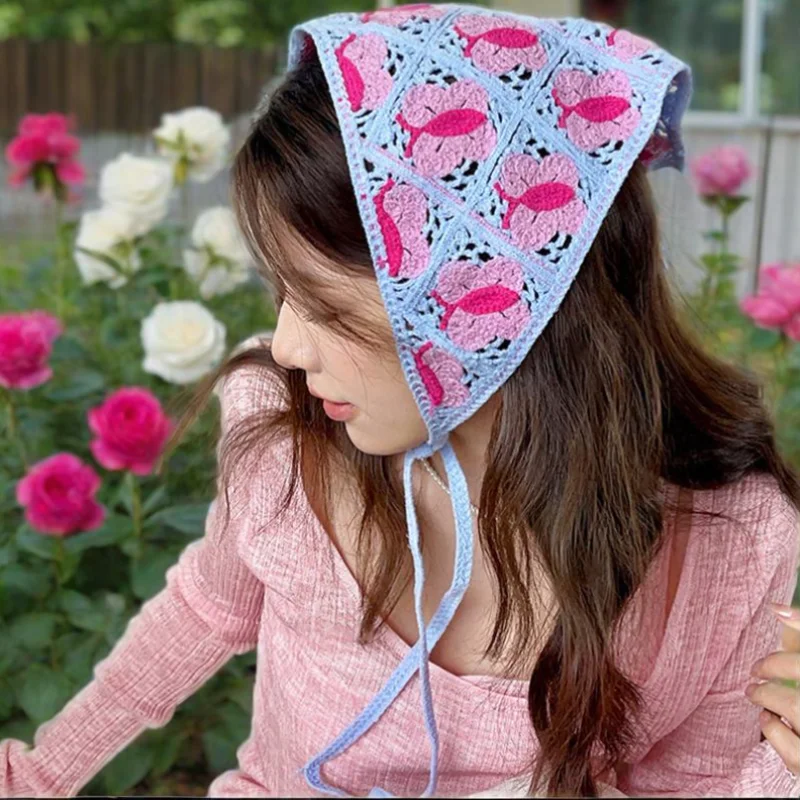 

Headscarf Hat Pastoral Style Triangle Headband For Women Girls Handmade Crochet Headband Little Flower Headscarf
