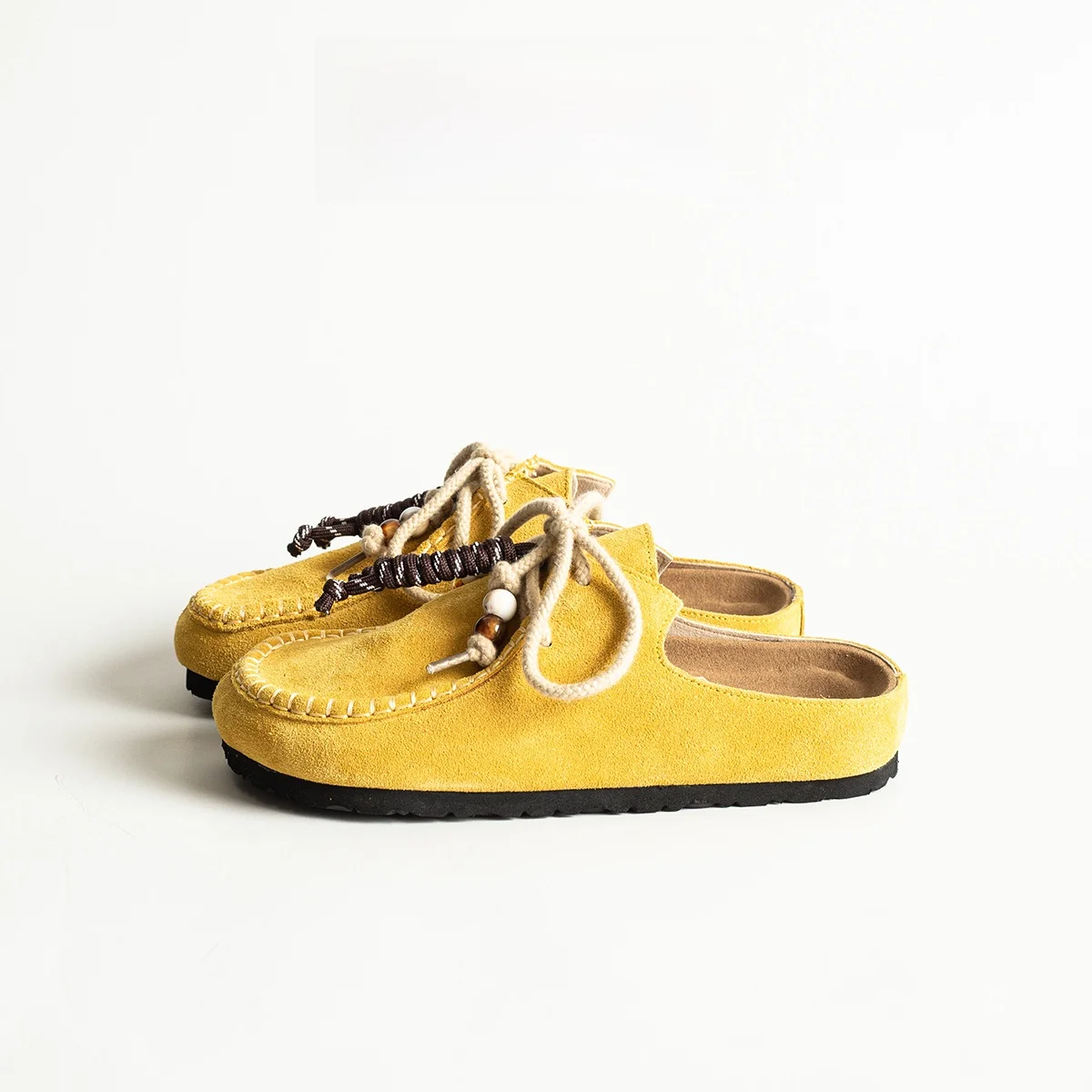 Yellow Bead Large Head  Women's Thick Heel Slip-On Lazy Shoes 2025 New Outdoor Wear Genuine Leather Single Shoes