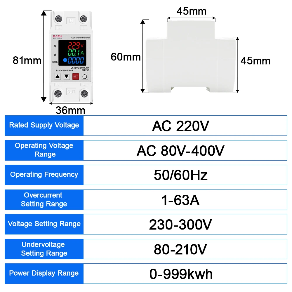 63A 230V Din Rail 3IN1 Display Adjustable Over Voltage Current and Under Voltage Protective Device Protector Relay 220V KWH