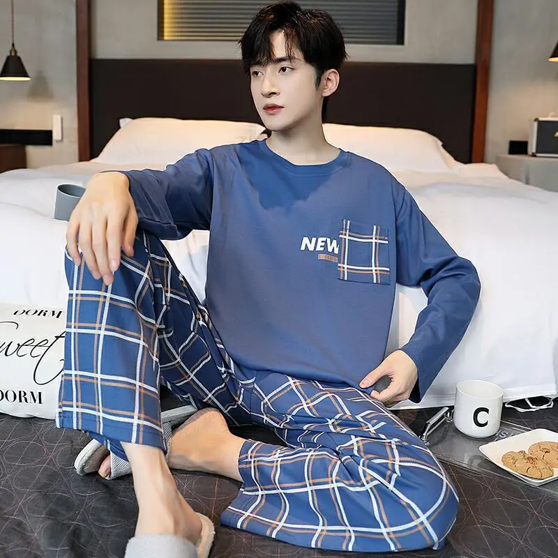 Fashion Pure Cotton Pajamas Suit Men Spring Autumn Long-sleeved Trousers O-Neck Homewear Male Winter Soft Loungewear Suit Gents