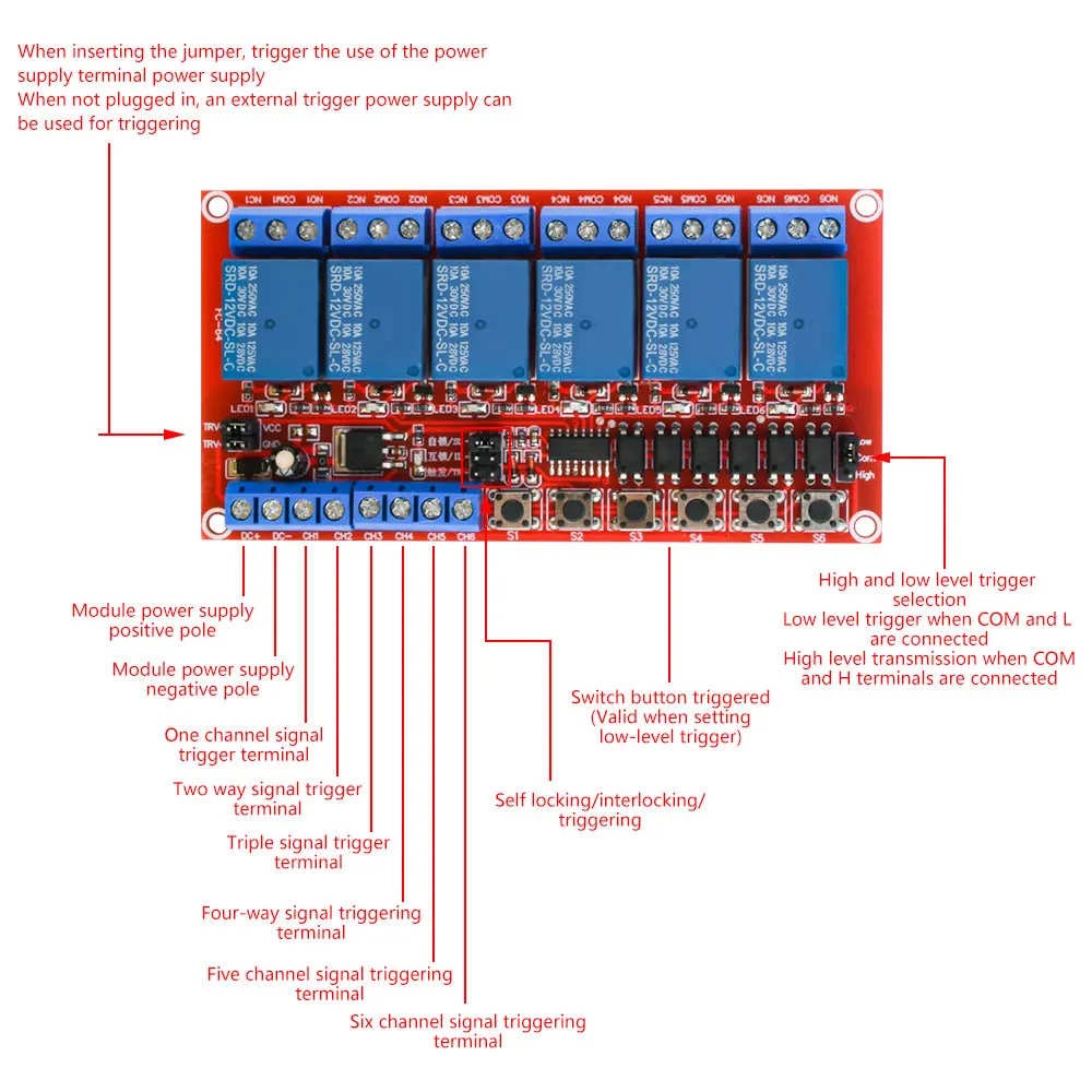 5V12V24V 6 Channel Relay Module Board Shield with Optocoupler Support High and Low Level Trigger Power Supply