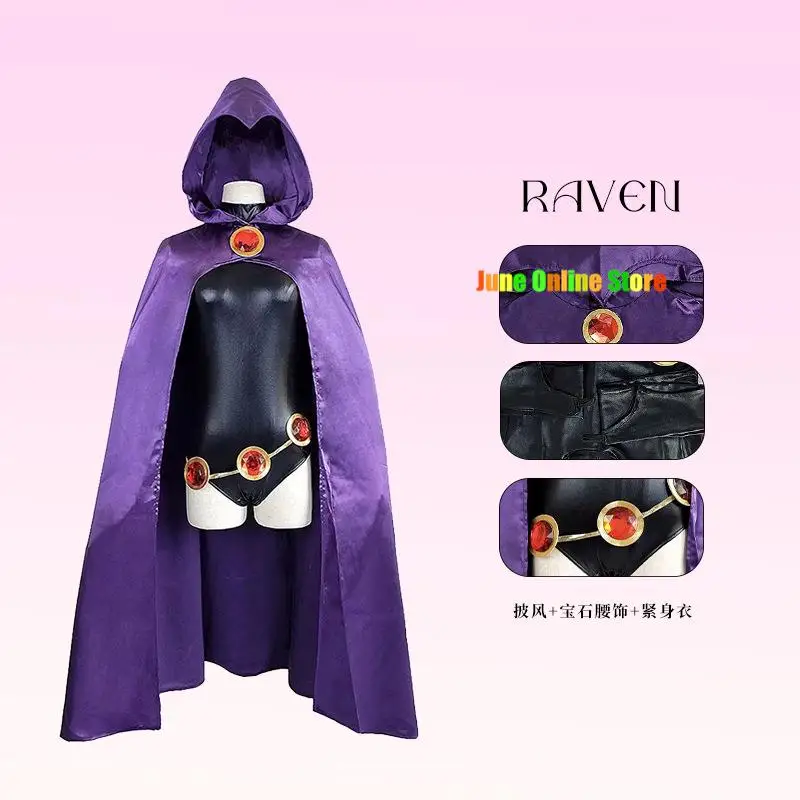 Tiener Titanen Raven Cosplay Kostuum Superheld Mantel Jumpsuits Zentai Halloween Strakke Kleding + Cape + Taille Sieraden Ketting Kid Size