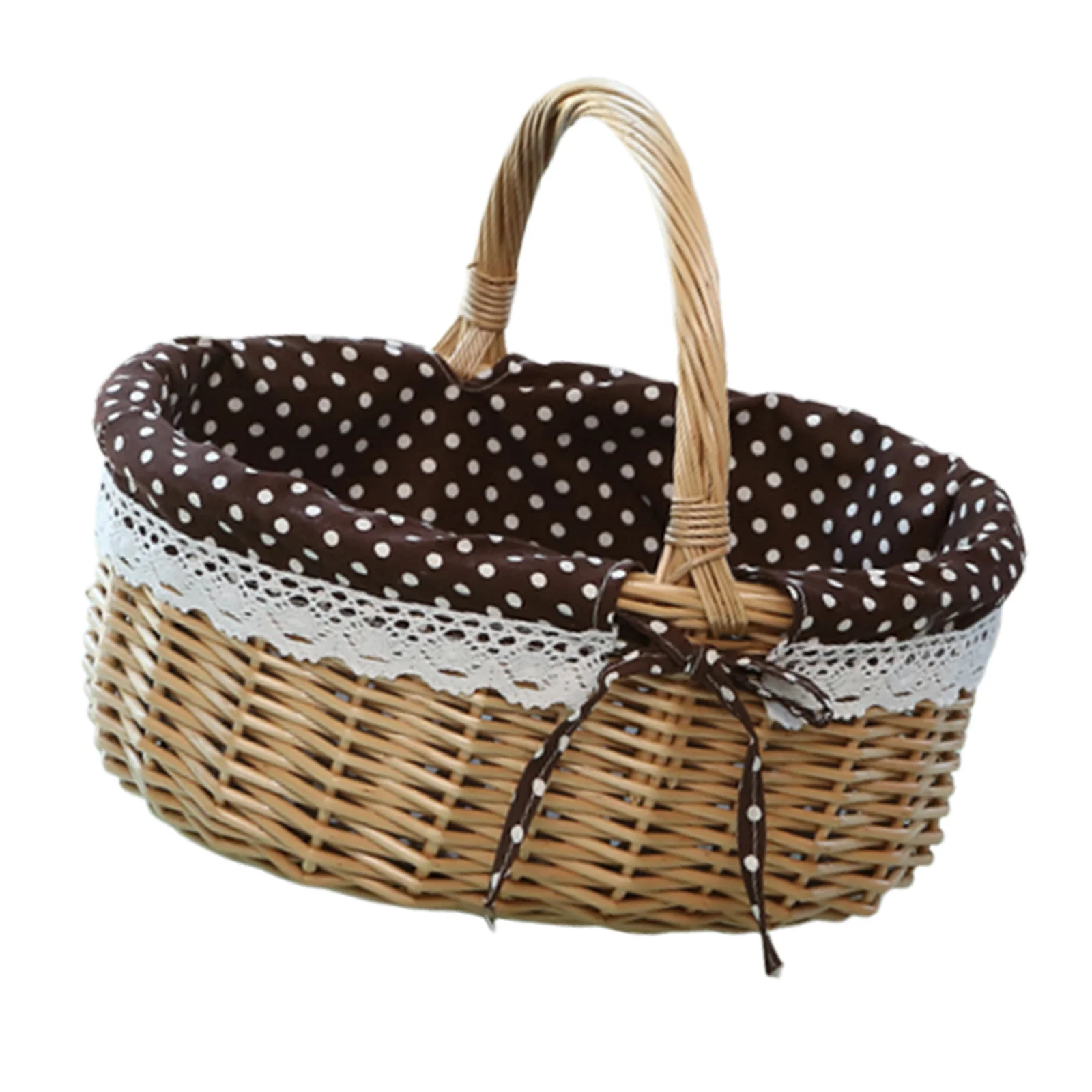 

Wicker Storage Basket Small Coffee Fabric White Dots Fruit Vegetable Bread Snack Organizer Picnic Gift Basket Linen Lined