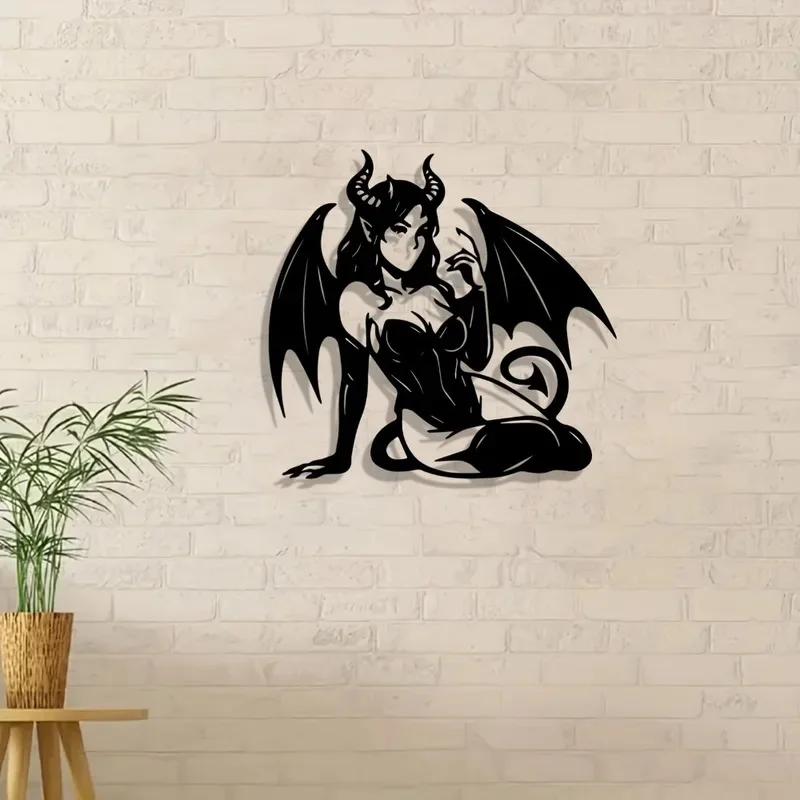 Enigmatic Metal Wall Art of Winged Gothic Woman, Dark Fantasy Decor for Home, Unique Vampire-Inspired Sculpture 1pc