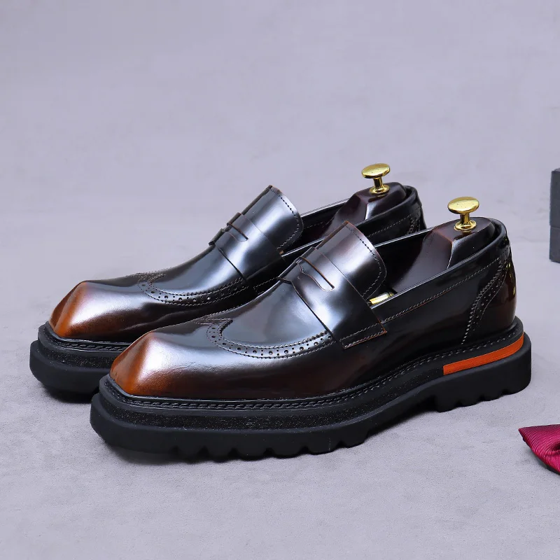 

Men's Handmade Leather Loafers Cowhide Thick Soled Painted Brogue Dress Shoes Height Increasing Business Wedding Footwear #25889