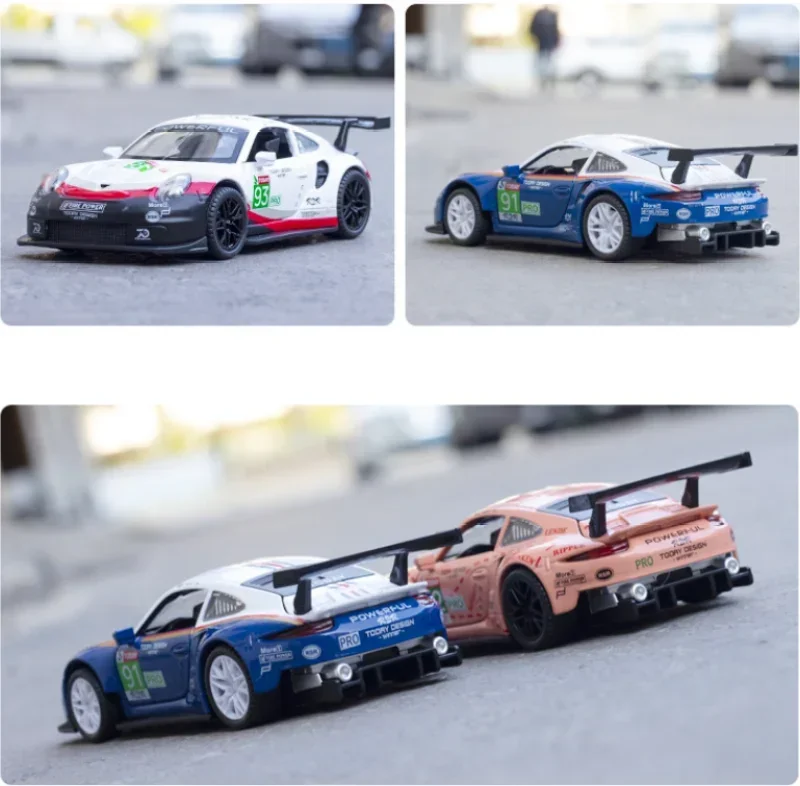 Porsche 911 RSR-Coche de aleación con sonido y luz para niños, escala 1:32, Colección extraíble, vehículos fundidos a presión, juguetes de coche