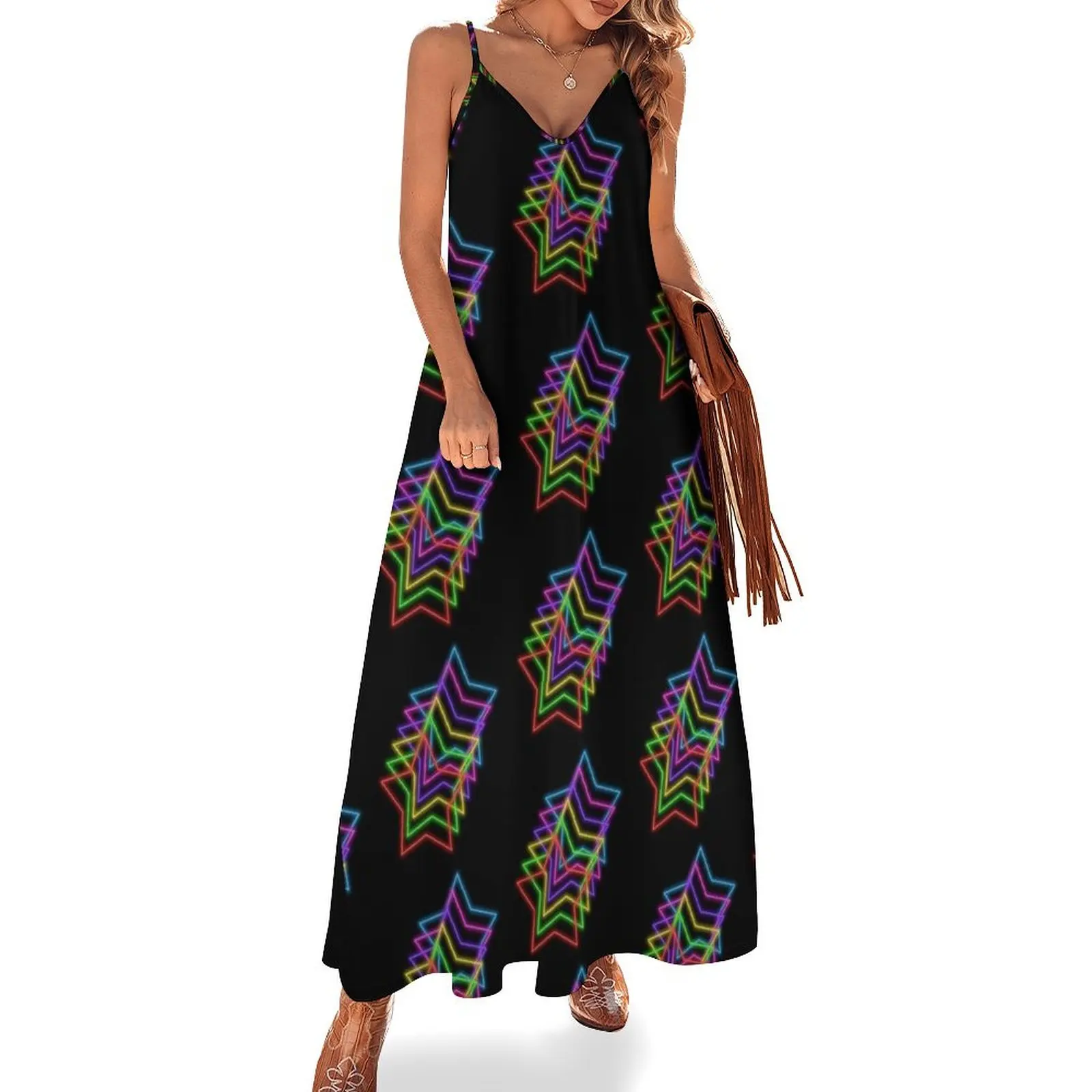 

1980s Rainbow Neon Glowing Stars, Large Size Repeating Pattern Sleeveless Dress Women's dresses Women's dress