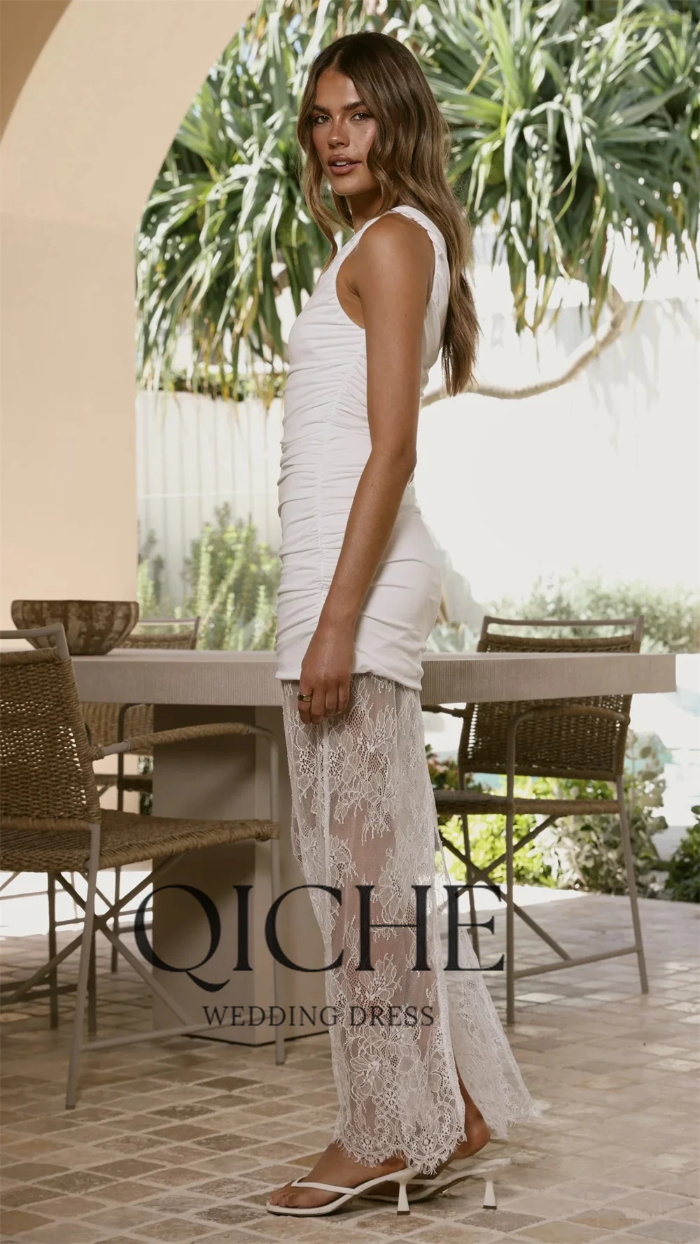 QICHE Classic Lace Sheath Pleat Long Wedding Dress 2026 One-Shoulder Sleeveless Bridal Party Gown Vestido De Noiva Customized