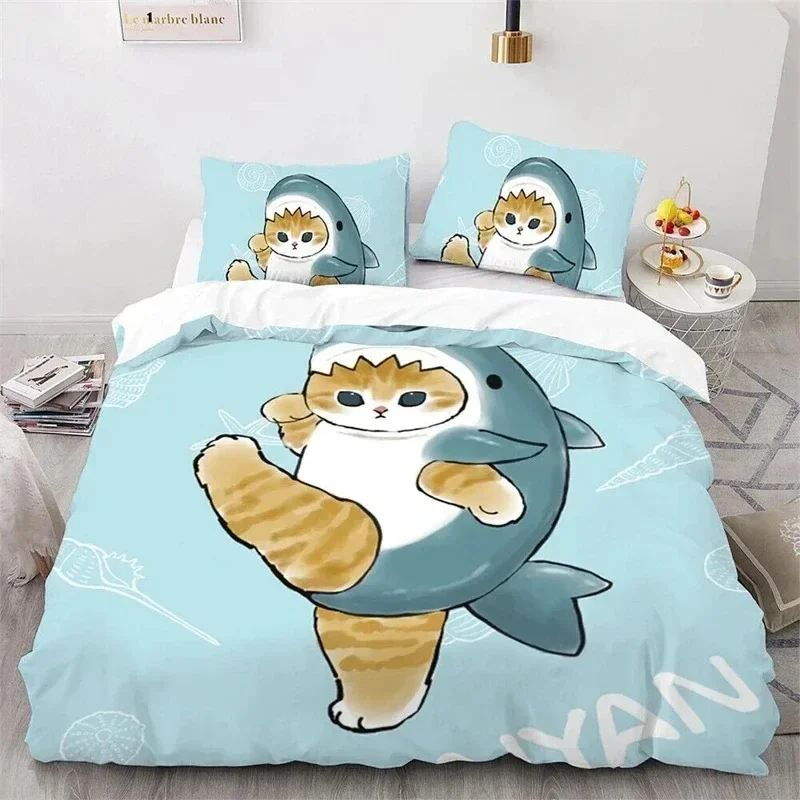 

3D Cute Kitten Duvet Cover Pillow Case Mofusand Anime Shark Cat Bedding Set Single Double Queen Size Teen Gift Room Decor set