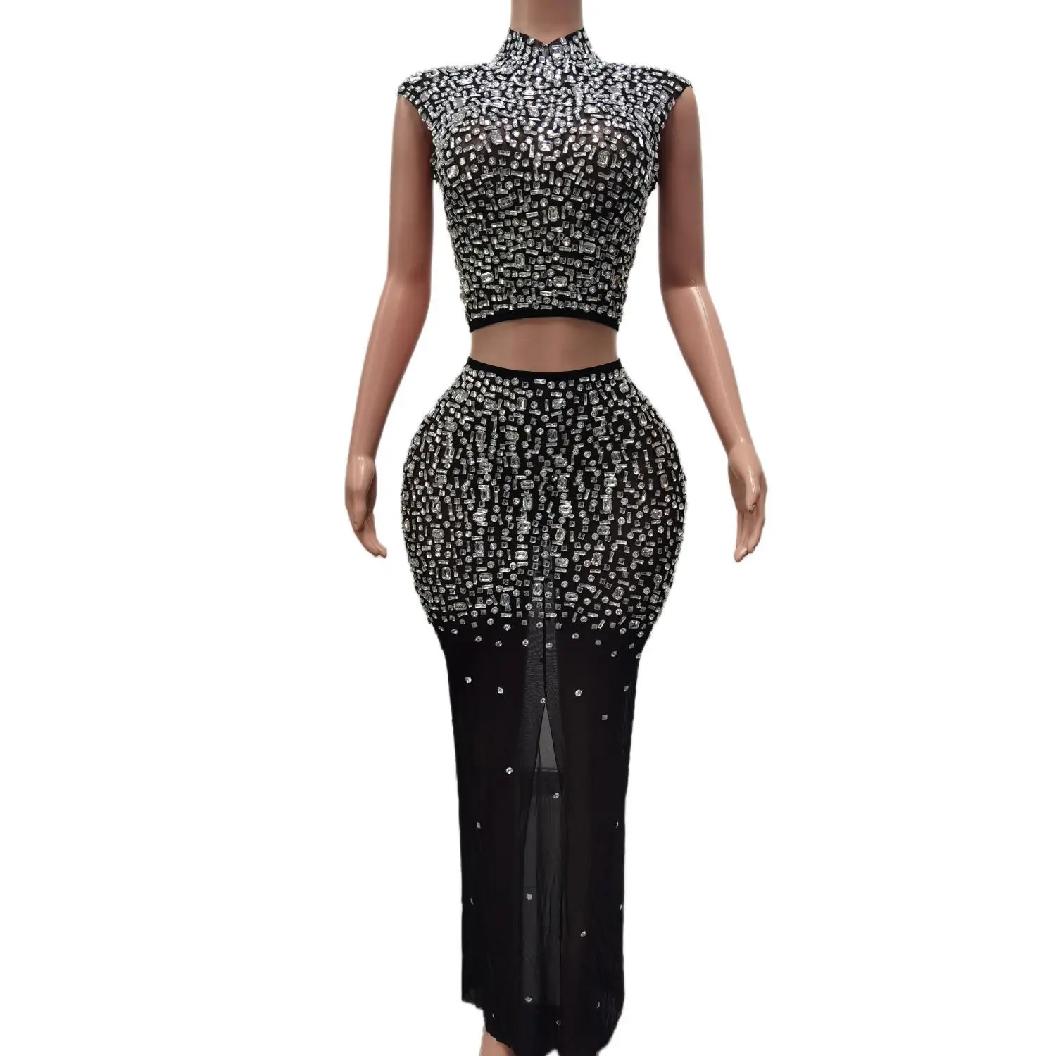

Sparkly Rhinestones Top Long Skirt Sexy Transparent Stretchy Two Pieces Set Celebrate Evening Prom Gown Birthday Dress for Women