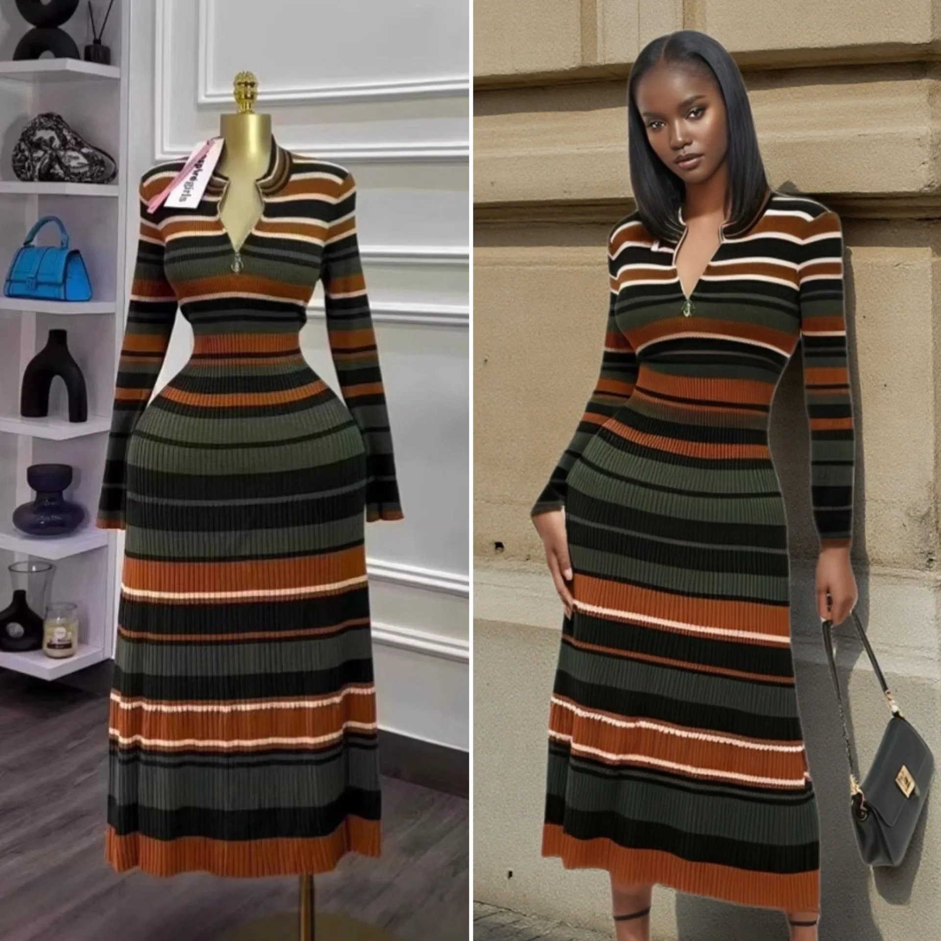 

Long Dress Women Dresses Striped Vestidos Y2k Streetwear Knit V Neck Full Sleeve Elegant Splice Party Night Work 2026 Spring