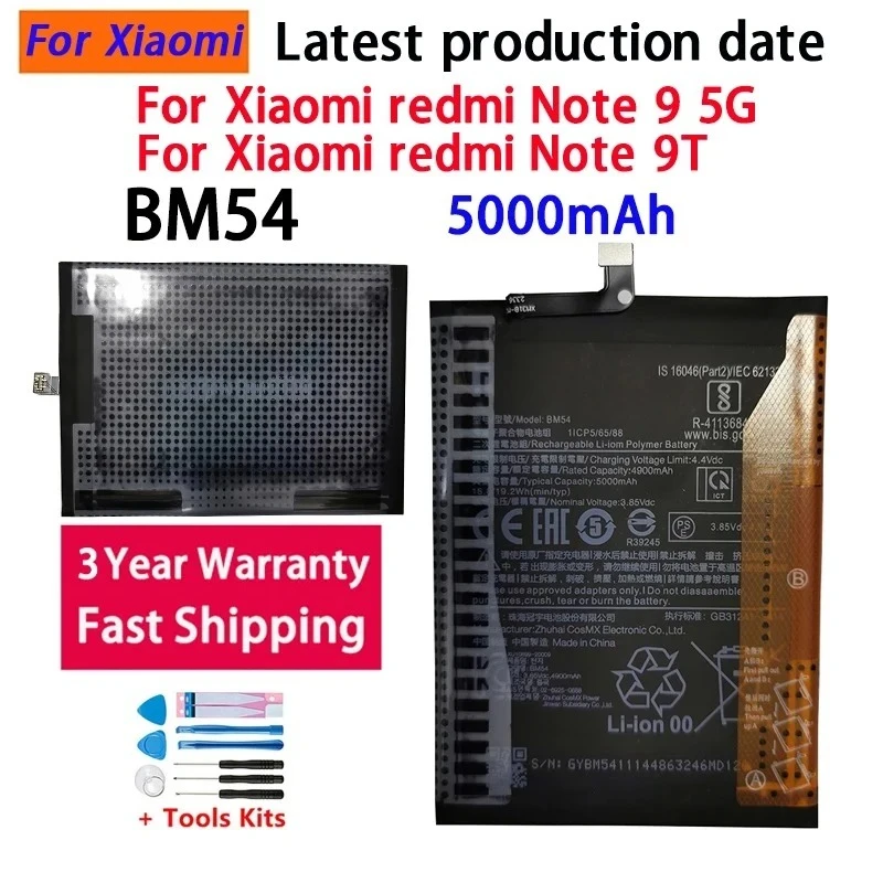 High Quality 5000mAh Battery BM54 Battery For Xiaomi redmi note9 5G / Note 9T MTK800U  Battery Batteries Bateria Batterij+Tools