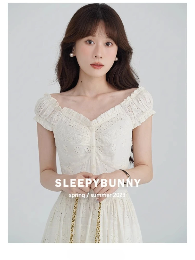 

French Hollow Out Maxi Dress Women Summer Ruffle V Neck Slim Dress Elegant High Waist A Line Lace Long Dress Vacation Date Look