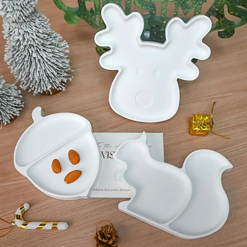 DIY Christmas Tray Mold Cute Elk Squirrel Tray Plaster Soap Candle Holder Concrete Jewelry Plate Mold Art Craft Home Decor