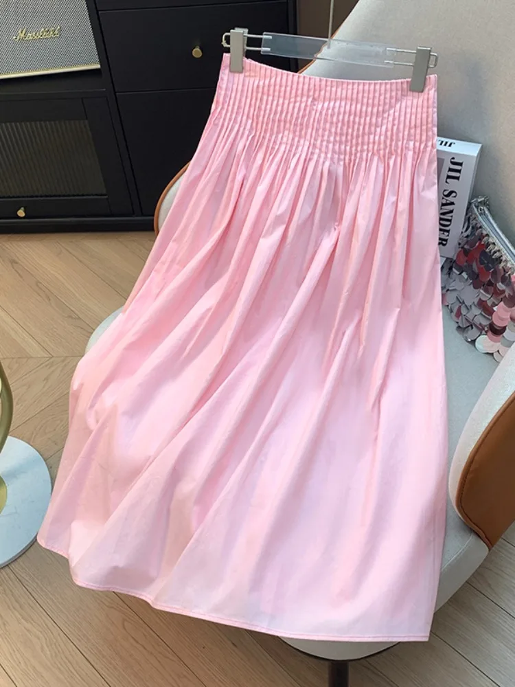 Pink Pleated A-Line Midi Skirt Women's Summer Design High Waist Hip Concealing Slimming Umbrella Skirt Cotton Breathable