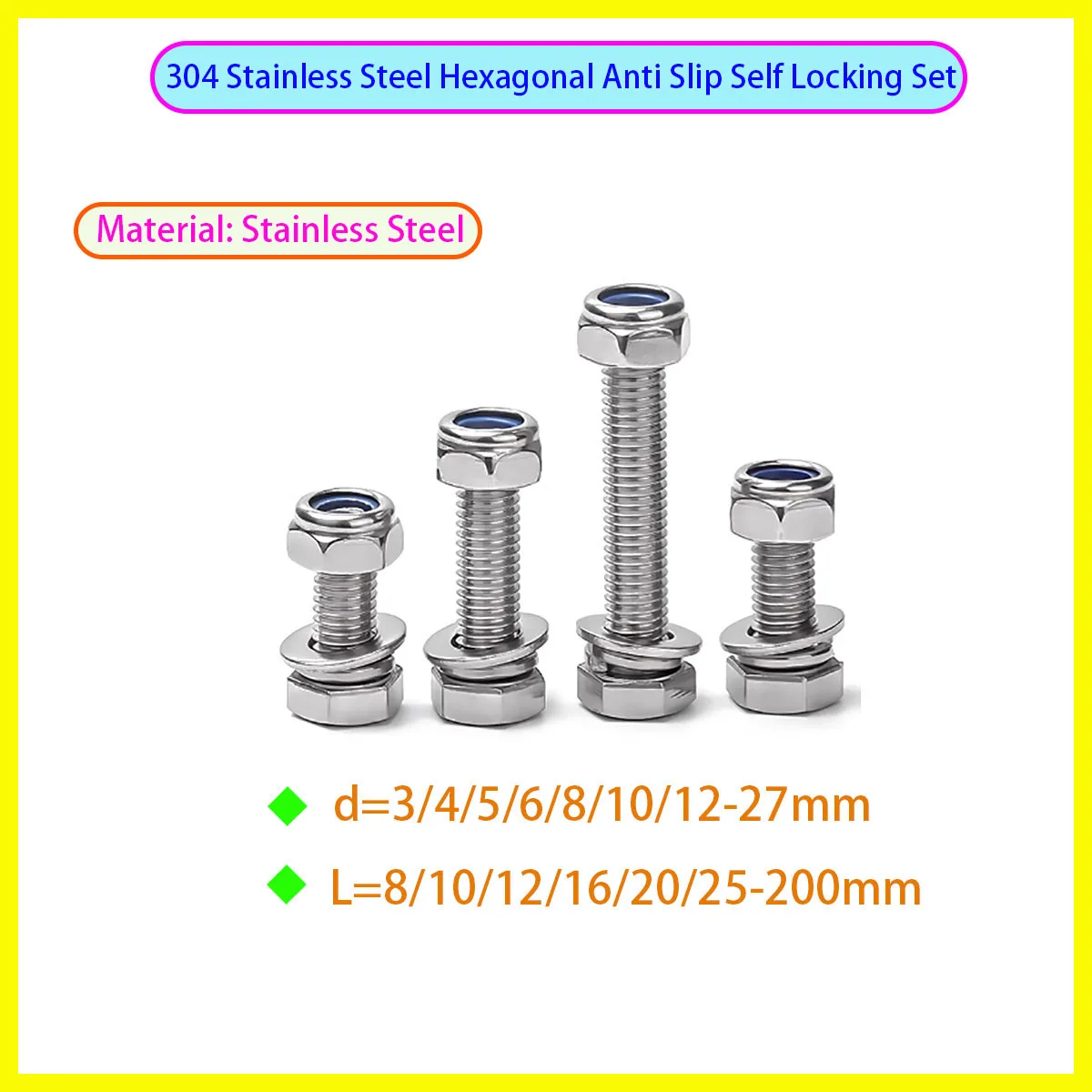 

304 Stainless Steel Hex Head Bolt and Lock Nut Washer Set
