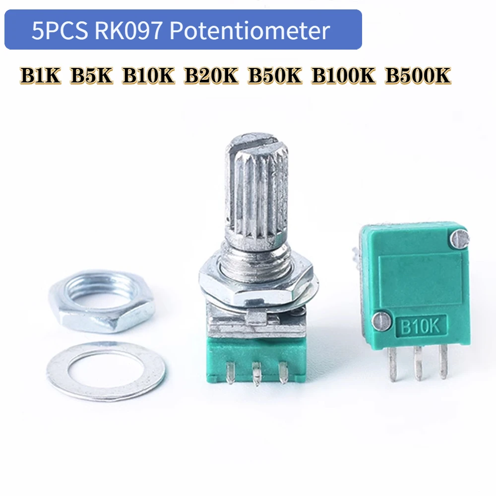 5pcs RK097 Series Potentiometers - 3 Pin, 15mm Shaft - B1K, B5K, B10K, B20K, B50K, B100K,RK097N for Audio Equipment