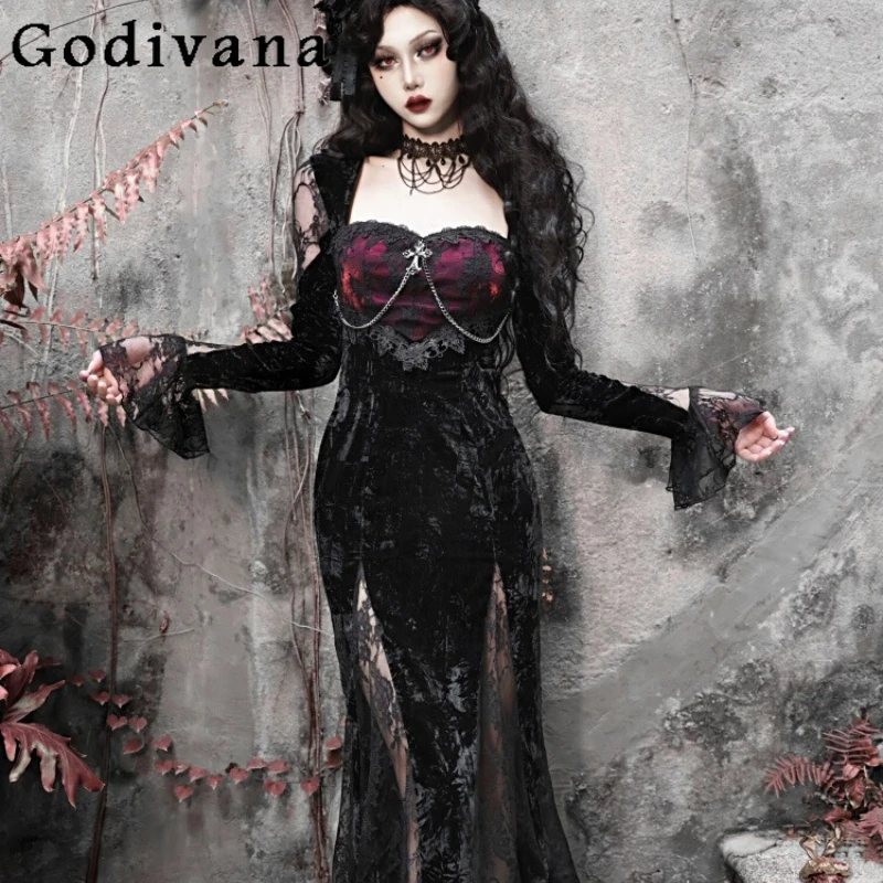 

Halloween Gothic Velvet Dresses Bodycon Role Play Carnival Dress for Women Spring Autumn Sexy Party Cosplay Lace Dress