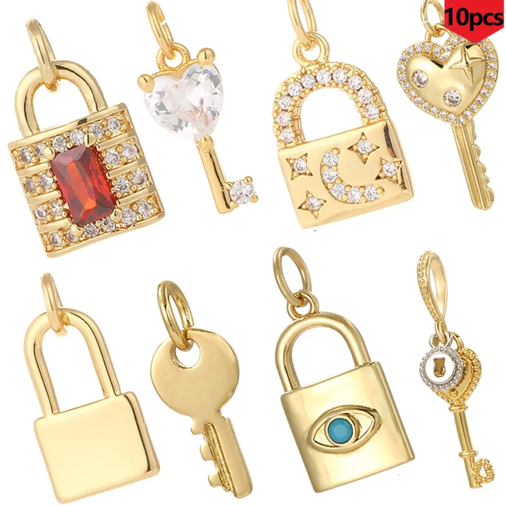 10pcs Metal Color Lock Key Charm DIY Couple Necklace Bracelet Keychain Copper  Zircon Charm Wholesale Charms for Jewelry Making