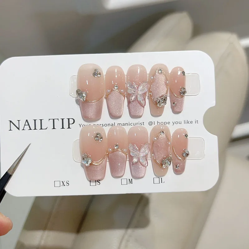 10Pcs Handmade Press on Nails Full Cover 3D Butterfly Cat Eye Rhinestone French Sweet Ballerina Manicure False Nails Nail Tips