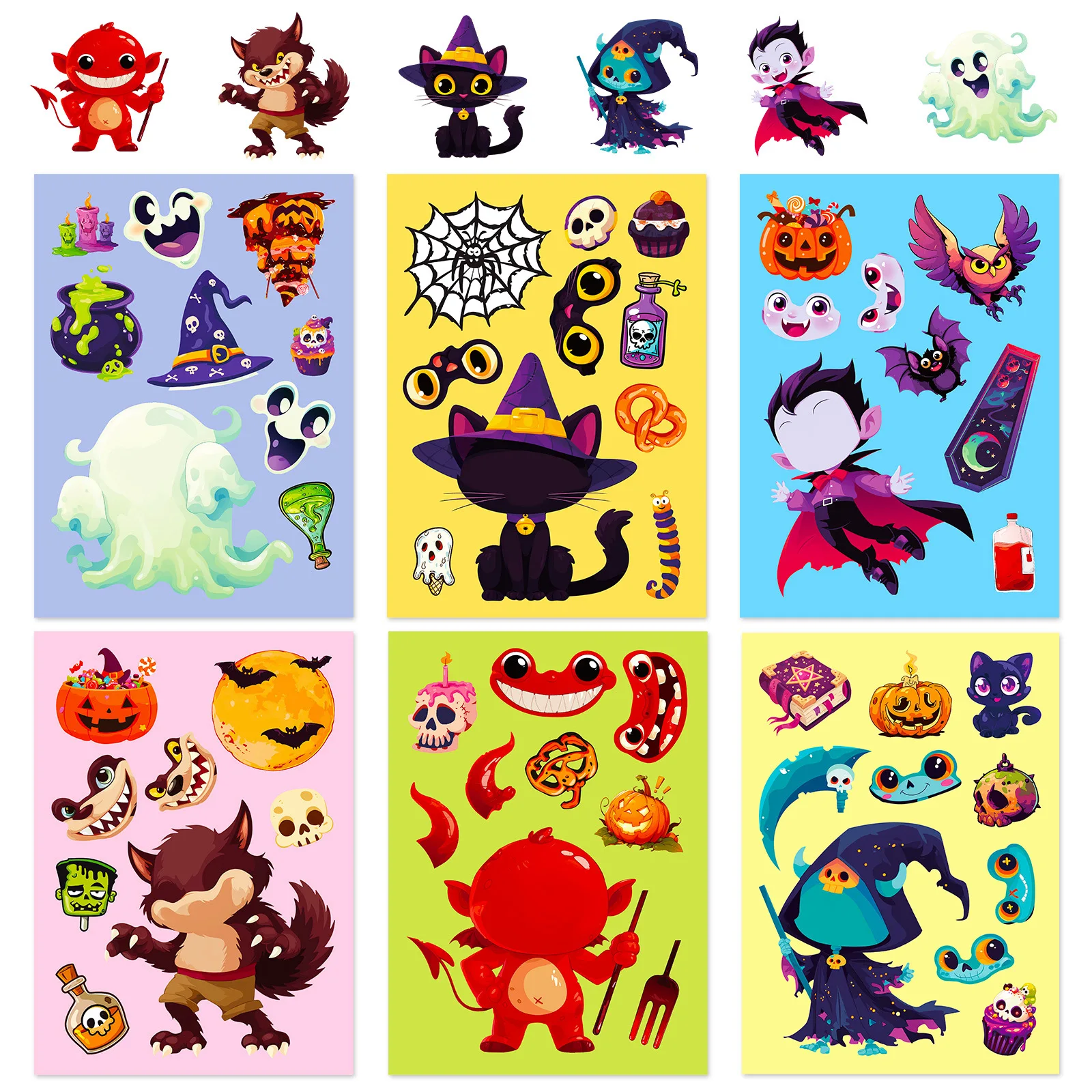 6Sheets Halloween DIY Puzzle Sticker Games 6 Black Cats Vampire Make A Face Funny Assemble Jigsaw Stickers Kids Educational Toys