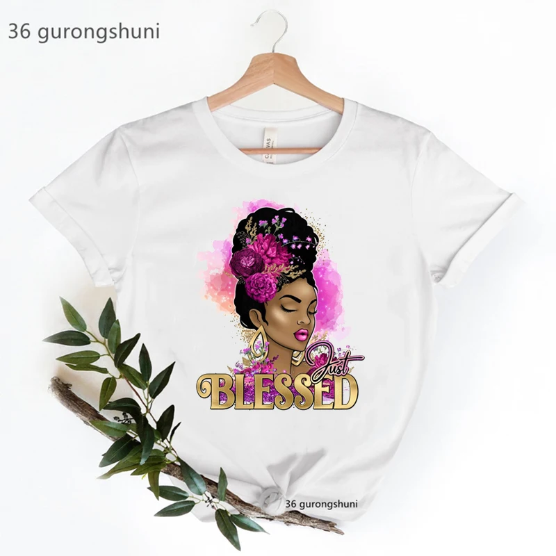 

Watercolor Flowers Afro Queen Print Tshirts Women Black Girls Magic T Shirt Summer Fashion Melanin Poppin T-Shirt Female Tops