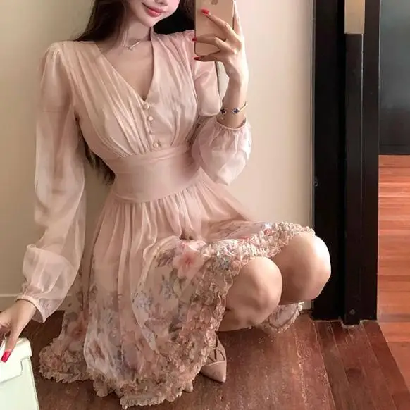 

Ele V-ne Long Sve Floral Print Dr Women's Slimming ort Skirt Faionable Casual Wear Polyester Fiber Dry Fast