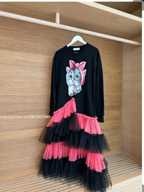 Fashion Brand Heavy Industry Net Yarn Stitching Cartoon Cat Printing Loose Puffy Cake Long Hoodie Dress Female 2023 Autumn New