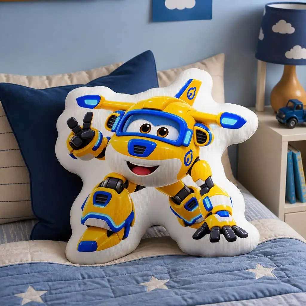 Yellow Robot Airplane Shaped Pillow Cartoon Aircraft Cushion Stuffed Throw Pillow for Children Bedroom Sofa Home Decor Gift