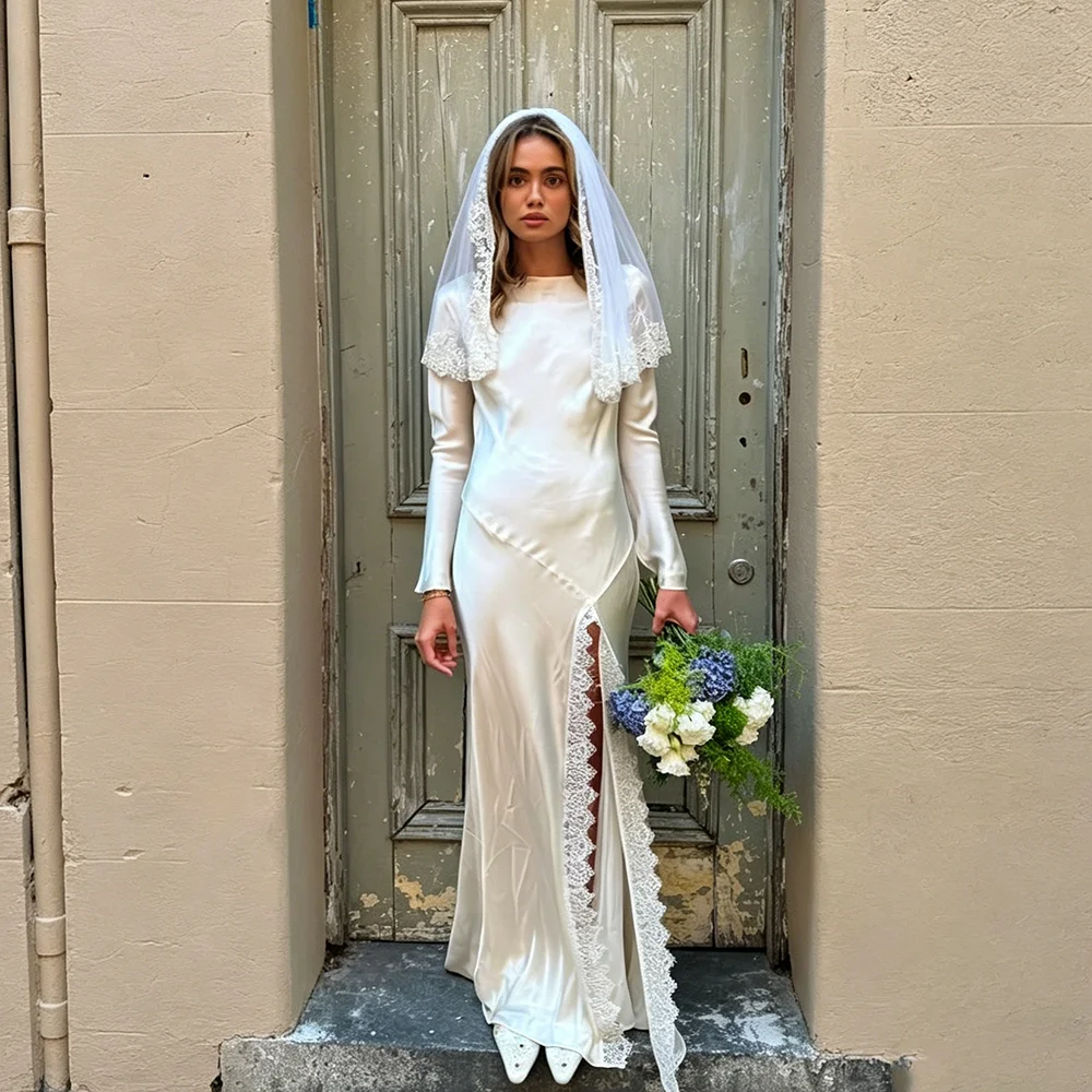 Elegant White Satin Side Slit Lace Patchwork Mermaid Prom Gown For Women Long Sleeves Gorgeous Long Wedding Party Maxi Dress