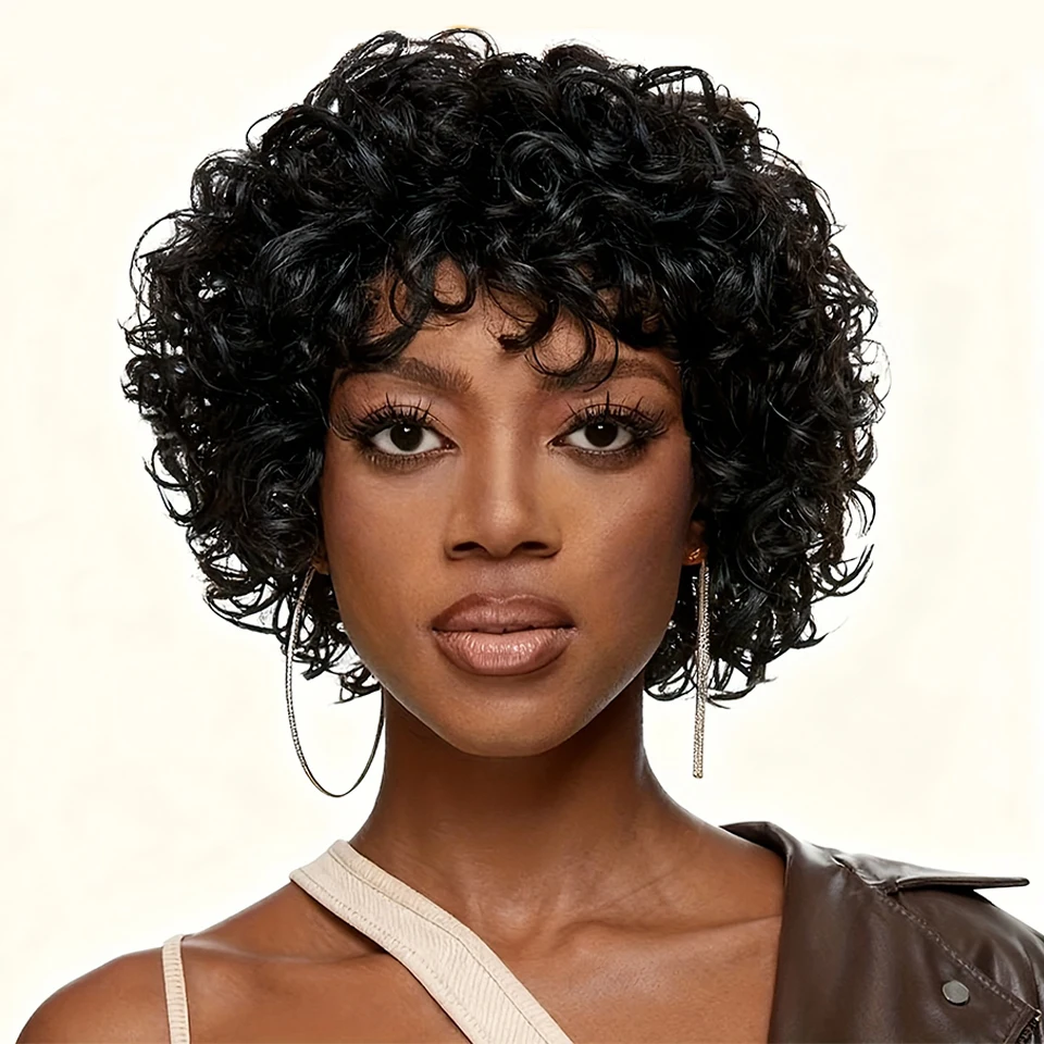 

Женский короткий надувной афро-кудрявый боб из человеческих волос с стрижкой пикси, 8-дюймовый парик на каждый день или для особых случаев, полностью машинный парик