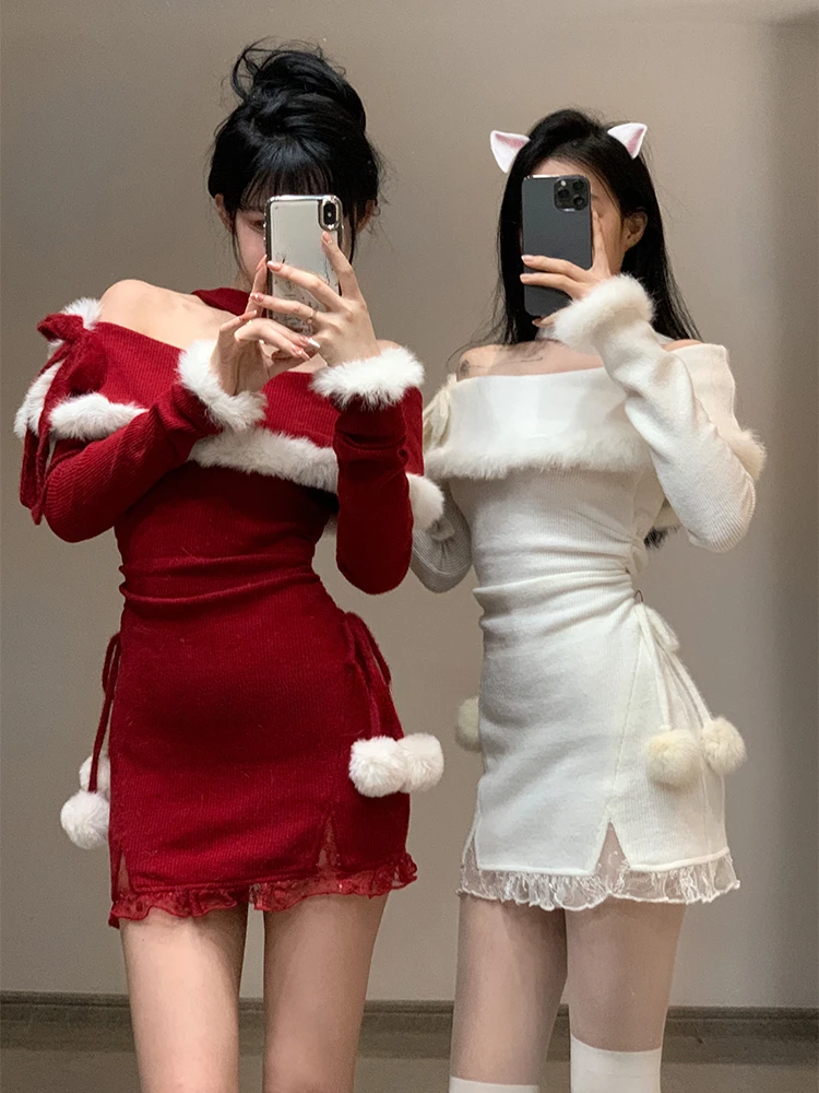 

2024 Winter Christmas Bodycon Knitted Mini Women Casual Long Sleeve Sweet Elegant Even Party One Piece Dress Korean Fur