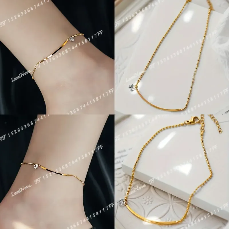 1pc Fashionable Women Stainless Steel Anklet Personalized Shiny Cubic Zirconia I Shape Ankle Bracelet for Daily Vacation Wear