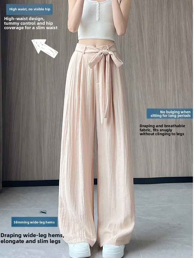 White Linen Silk Wide Leg Pants Women Summer Lightweight Casual Bando Trousers Long Pants Commute Sle High Waist Straight Cut